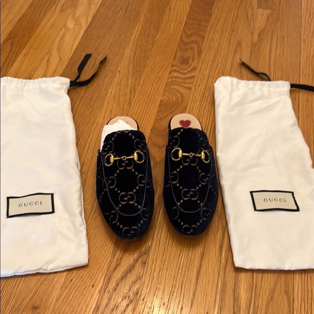 Gucci Navy Princetown Velvet Mules with Gold Accents